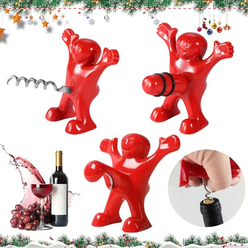 3 Stück Weinflasche Stopper Set, Weinflasche Korkenzieher, Bierflasche Opener, Korkenzieher Geschenk Mann Frau, Lustig Roter Mann Flaschenöffner,Neuheit Weinflasche Stopper für Weihnachten Geburtstag