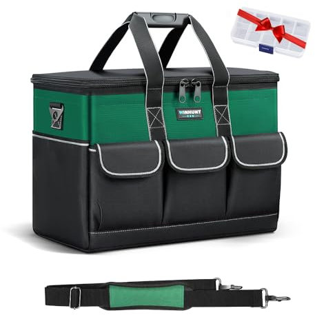 WINHUNT Tool Bag, 14-inch Wide Mouth Tool Storage Organiser, 600 Denier with 6 Interior 8 Exterior Pockets for Home DIY & Equipment Storage, Green and Black (14 inch)