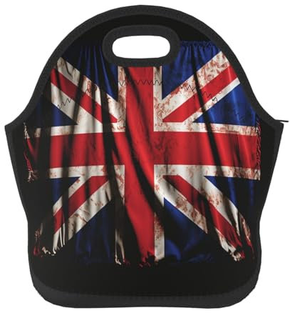 Lonchera de neopreno para mujeres y hombres, bandera británica sobre fondo negro, lonchera aislada, bolsa de almuerzo portátil, reutilizable, lavable, lonchera para viajes, picnic, camping, almuerzo