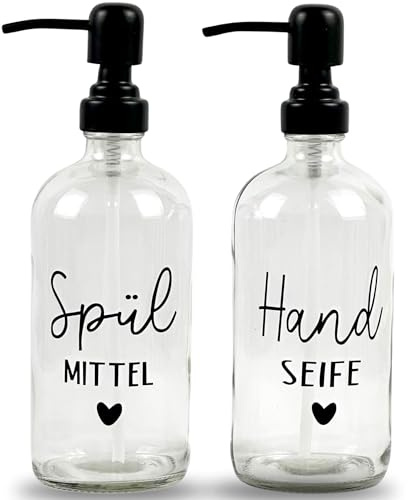 Glas Seifenspender 500ml - Schwarzer Pumpspender, Spülmittelspender für Küche. Handseifenspender für Badezimmer (Transparent, Spülmittel + Handseife mit Metallspender)