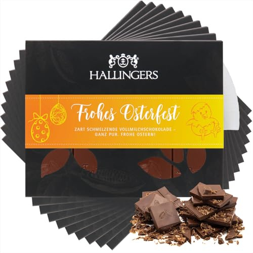 Hallingers Genuss Manufaktur Schokolade Oster-Geschenk - Tafel Edelkakao handgeschöpft ohne Alkohol edler Karton 10x Frohes Osterfest Pur, Ostern Körbchen für Frauen Männer