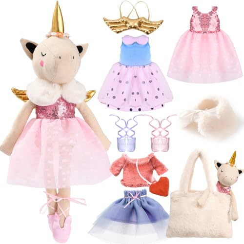 Toyssa Einhorn Gehäkelte Puppe Doll Geschenke Mädchen 3 4 5 6 7 Jahren Einhorn Kuscheltier Stofftier Plüschtier mit 3 Outfits Flügel Tasche Kinder Einhorn Spielzeug Geschenk für Mädchen
