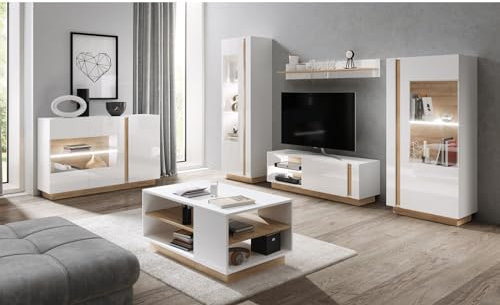 Wohnwand Arden,Lowboard,Living-Anbauwand,Hochvitrine,Wohnzimmer-Set,TV-Boards,Schrankwand,Sideboard,Oberschranks,Mediawand, Unterschrank,Hochschrank,Wandboard 13 (Wohnwand ohne Kommode und Couchtisch)
