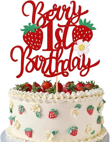SYKYCTCY 1 Pack Berry 1st Birthday Cake Topper Glitter First Birthday Strawberry One Cake Pick for Sweet Fruit Theme Baby Shower Kids 1st Party Cake Decorations Supplies