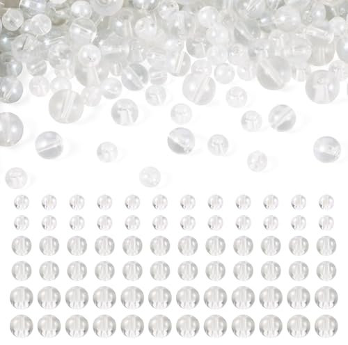 Bestewelry Runde Glasperlen, 6/8/10 mm, transparente Glasperlen mit Glitzerpulver, glänzende Kristalle, lose Abstandshalter für Armband, Halskette, Schmuckherstellung, DIY, Handwerk, Weiß, 300 Stück