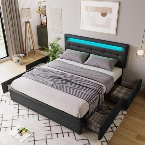 Polsterbett 90x200, LED Einzelbett mit 2 Schubladen und Höhenverstellbarem Kopfteil, Jugendbett Stauraumbett Funktionsbett Rückenlehne Bettgestell mit Holz Lattenrost, Leinen, Schwarz, Ohne Matratze