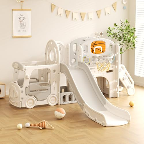 Lnhcrbs Kinderrutsche, Rutsche mit Kletterleiter, Basketballkorb, Lokomotive, Fernglas, Trompete, die Rutsche Ist Sowohl für Draußen Als Auch für Drinnen Geeignet，Materielle Sicherheit