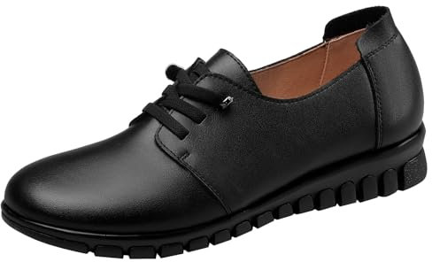 XIEPP Mocasín de piel Oxfords con tacón plano y punta redonda para mujer, Negro , 40 EU