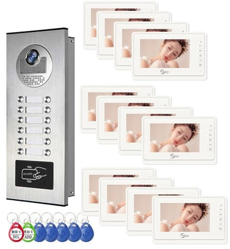 Système d'interphone vidéo filaire pour appartement, kit de visiophone de 12 unités avec moniteur de 17,8 cm, sonnette vidéo intérieure et extérieure, déverrouillage par carte d'identité, audio