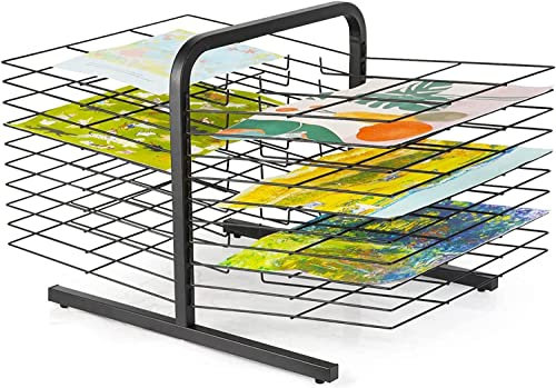 Doppelseitiger Trockenständer aus Metall mit 20 Drahtregalen für Klassenzimmer, Kunststudios und den Heimgebrauch. Schwarze Pulverbeschichtung.