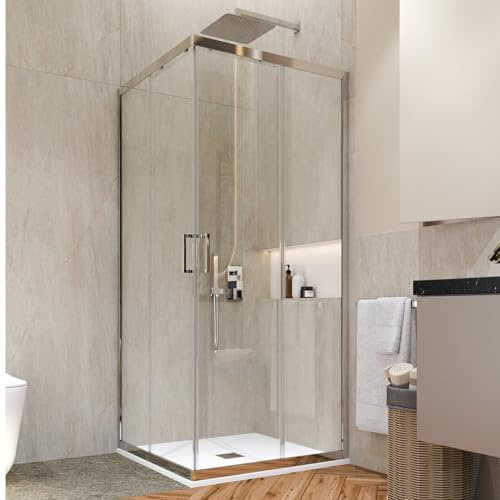 LineaDoccia Box Doccia Angolare Apertura Scorrevole Rettangolare o Quadrato Vetro 6 MM Trasparente o Opaco Profili in Alluminio Cabina Doccia (VETRO TRASPARENTE, 80X100)