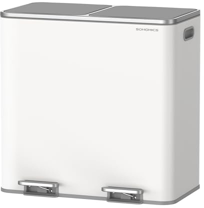 SONGMICS Dual Rubbish Bin, Metal Recycling Bin with 15 Rubbish Bags, 2-Compartment, with Lids, Pedals, Plastic Inner Buckets, Soft Closure, 2 x 10.6 Gallons (2 x 40 L), White and Grey LTB730W82