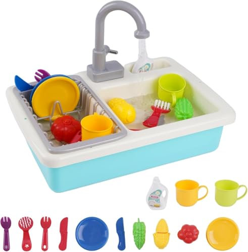 Fregadero de Juguete de Cocina con Agua Corriente, Fregadero Cocina Juguete con Lavaplatos y Grifo de Agua, Cocina de Juguete para Niños, Juegos de rol para Niños y Niñas de 3 4 5 6 Años(Verde)