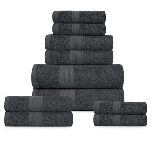 DreamNights 10 Piece Towel Set - 2 Bath Towels, 4 Hand Towels, 4 Washcloths and 2 Free Extra Mitt gloves 100% Cotton Hotel Quality Super Soft and Highly Absorbent (Charcoal)