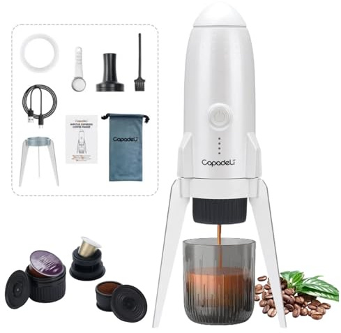 HAILASRE Portable Electric Espresso Machine Travel Coffee Maker for Camping 3 in 1 Self-Heating for Ground Coffee & DG NS Capsule Pods For Travel Camping and Hiking (Bright White)