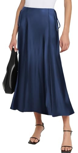 Damen Satin Rock Lang Hohe Taille Maxirock Elegant Seidiger Midirock A Linie Flared Midi Business Party Freizeitrock, Marineblau, L