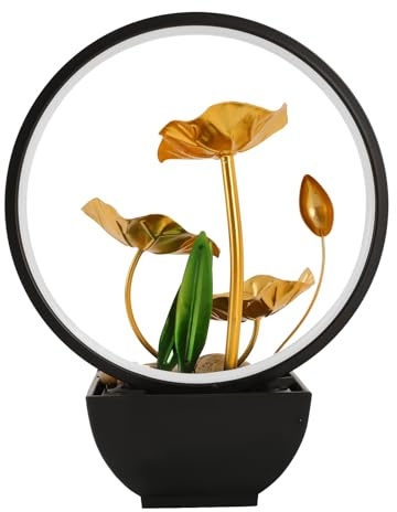 gegeweeret Tischbrunnen mit LED-Beleuchtung & Lotus-Design – Elektrischer Zimmerbrunnen mit leiser Pumpe – für Zen-Atmosphäre in Wohnzimmer/Büro (Gold, 28cm Höhe)