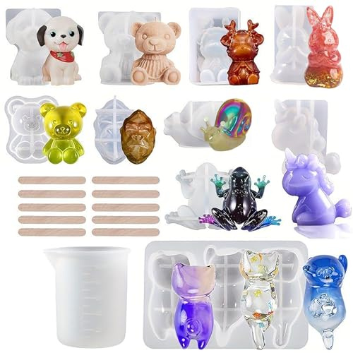 21 PCS 3D Animal Silicone Resin Molds, Epoxy Resin Casting Mold Kits for DIY Dog Cat Bear Resin Craft Gift Crystal Ornament Painting Pen Chopsticks Holder