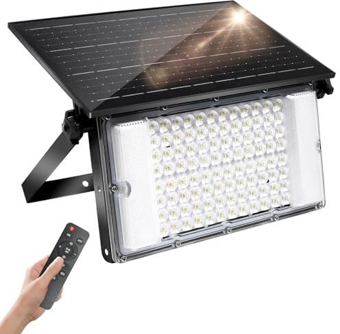 CREATESTAR Foco Led Exterior Solar, 100W Luz Solar con Sensor de Movimiento,6000aAh Luce Solares Exterior con 3 Modos,IP65 Impermeable Lampara solar para Jardín Garaje Patio
