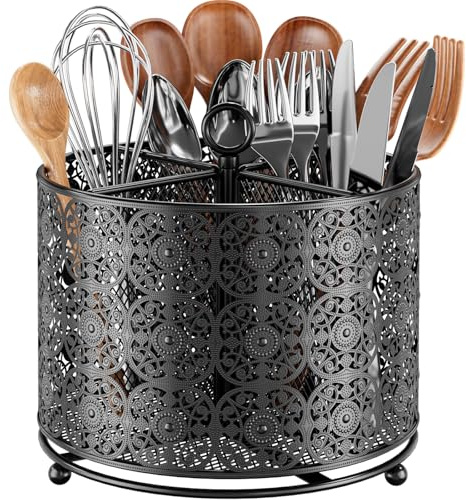 Küchenutensilienhalter, 4 Fächer 360° Drehbarer Edelstahl Besteckhalter | Drehbarer Utensilien-Organizer mit Blumenrand-Design hält Küchenwerkzeuge ordentlich.Ideal für Arbeitsplatte und Küchentheke.