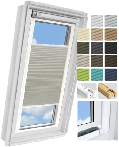 Rollmayer zum Kleben Standard - 14 Stofffarben Kollektion Dachkassettenplissee ohne Bohren Kassetenrollo plissee mit schiene Dachfenster Dachfensterrollos Blickdicht Sonnenschutz, Montage inkl Plissee