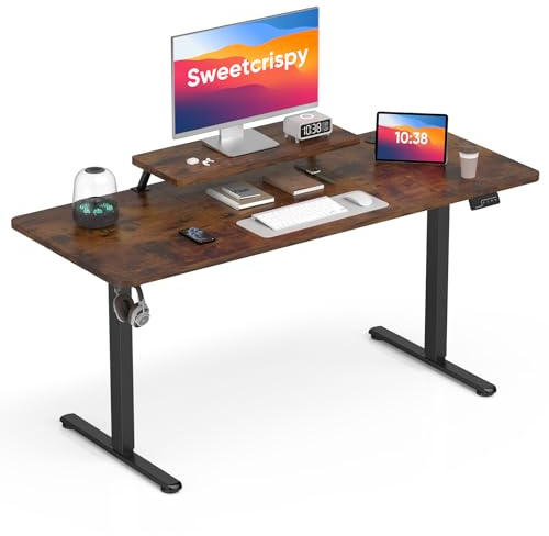 Sweetcrispy Höhenverstellbarer Schreibtisch mit Monitorständer, 160 x 60 cm Schreibtisch Höhenverstellbar Elektrisch, Ergonomischer Steh-Sitz Tisch, Computertisch Standing Desk, Vintagebraun