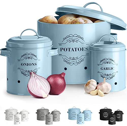 Virklyee Paniers Ail Pot à Oignon en Métal Set of 3-Pot en Métal pour Pommes de Terre, Oignons et Ail - Design Aéré avec Couvercle, pour un rangement facile (Bleu Clair)