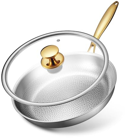 Titanium Pans for Cooking | 12 Inch Pure Titanium Skillet Set with Lid | Hammered Chef-Grade Tagine Design | PFAS/PFOA/PTFE-Free | Induction & Oven-Safe, Dishwasher Safe