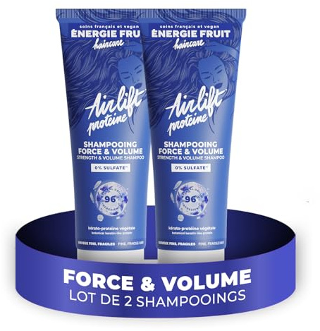 ENERGIE FRUIT Airlift - Shampoing Protéine Force et Volume - Sans Sulfate - Volumisant, Epaississant - Cheveux Fins, Plats, Fragiles, Tombants - 96% Origine Naturelle - 2 x 250ML