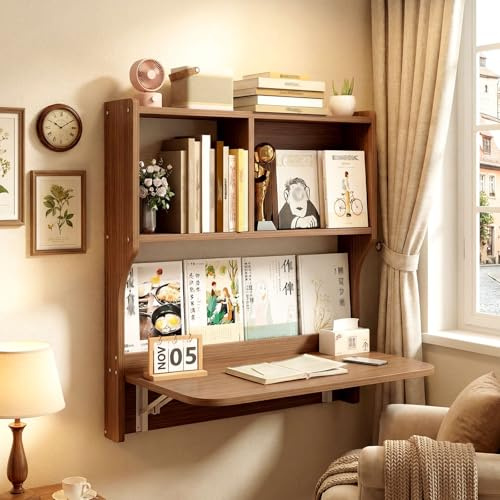 MBBTAG Mesa Plegable de Pared con Estanteria, Escritorio Abatible Que Ahorra Espacio, Mesa Cocina Plegable Pared Estrecha para Cocina, Lavadero, Garaje, Dormitorio y Salon(Marrón/Café,82.5x89cm)