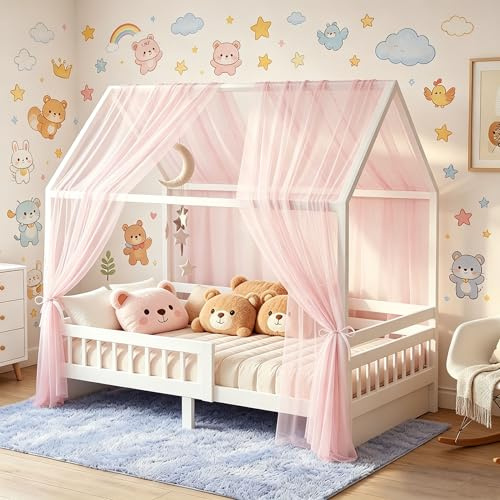 Penbinmall Juego de 2 camas de casa con dosel, dosel de muselina, suave y transpirable, dosel, decoración para habitación infantil, para niñas y niños, 135 x 350 cm, tela rosa