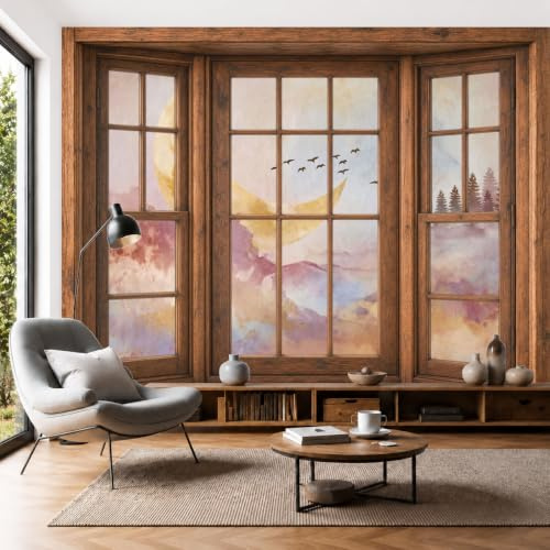 Carta Da Parati Fotomurale Xxl Scena Notturna Sogno Chiaro Luna 250X175Cm, Poster Murale Fotografica 3D In Tessuto Non Tessuto Foresta Montana Ad Acquerello Di Grande Per Tv Corridoio Soggiorno, Rosa