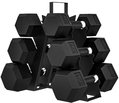 SPORTNOW Juego de Mancuernas Hexagonales 6/8 Piezas 36/50 kg con Soporte | 2x4kg, 2x6kg, 2x8kg, Soporte Almacenamiento, Recubrimiento Goma, Mango Antideslizante, Entrenamiento Casa Gimnasio
