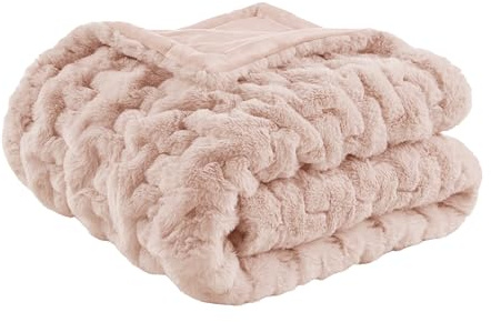 Madison Park Ruched Luxury Throw Premium Soft Cozy Brushed Long Faux Fur For Bed, Couch or Sofa, 50x60, Blush