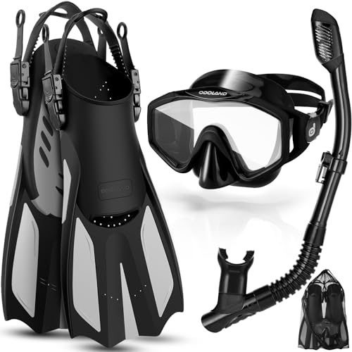 Odoland Juego de esnórquel 3 en 1 con máscara de Buceo de visión Amplia y Aletas Ajustables, Bolsillo de Malla, para Adultos, Color Negro, S/M 36-41