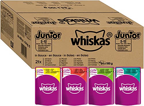 Whiskas Katzennassfutter Junior – Klassische Auswahl in Sauce – Ausgewogenes Feuchtfutter für heranwachsende Katzen von 2-12 Monaten im Portionsbeutel – Katzenfutter – Großpackung (84 x 100g)