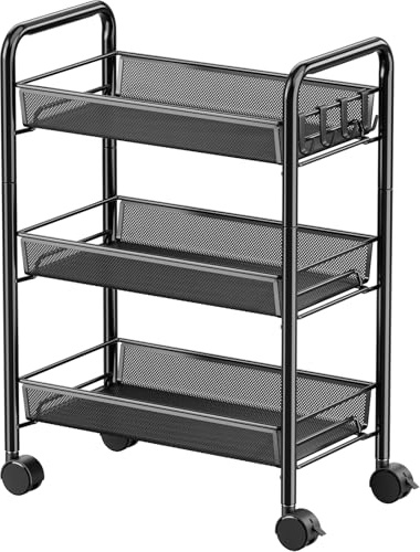 Rollwagen mit 3 Gitterablagen – Metall Küchenwagen mit Rollen und 4 Haken, Servierwagen für Bad, Küche, Büro, Schlafzimmer – Platzsparender Aufbewahrungswagen, Schwarz