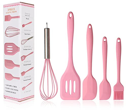 BINHAI Silicone Spatulas Set - Pink 5 pcs Kitchen Utensil Set - Basting Pastry Brush - Pastry Oil Brush - Egg Beater - Slotted Turner - Silicone Cooking Spatula Non-Stick
