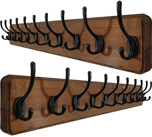 WEBI Garderobenhaken,98cm Lang Garderobenleiste,Wandgarderobe Holz mit 10 Haken,Kleiderhaken Wand,Hakenleiste Garderobe,Jackenhalter Wand für Mäntel,Jacken,Rustikal Braun,2 Stück