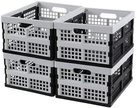 Readsky 4 Pack 16 Litre Foldable Storage Crates, Collapsible Plastic Crates, Stackable Ventilated Organizer Basket for Pantry, Fridge, Grocery, Books