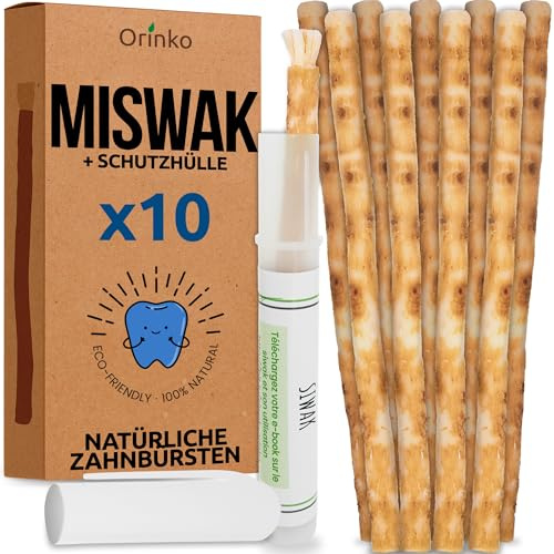 ORINKO Miswak – 100% Natürliche Zahnbürste aus Siwak-Holz – Set mit 10 Zahnreinigungsstäben & 1 Schutzhalter für Weiße Zähne & Mundhygiene