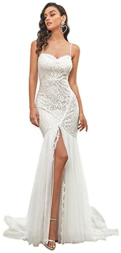 Ever-Pretty Abiti da Sposa Tracolla Regolabile Scollo a V in Tulle Bodycon Sirena Lunghezza del Piano da Donna con Cappella Treno Bianco 44EU