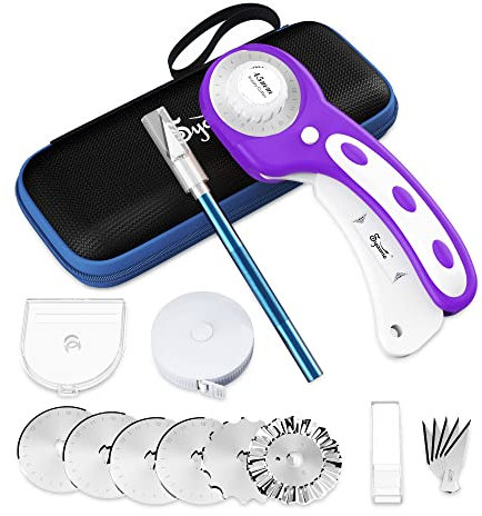 Rollschneider 45mm Rollschneider Stoff Set,Mit 6 Ersatz-Rollschneiden Zum Präzisen Schneiden Von Stoff/Leder/Papier/Ballaststoff Etc.Inklusive Aufbewahrungsbox,Präzisionsmesser und Maßband