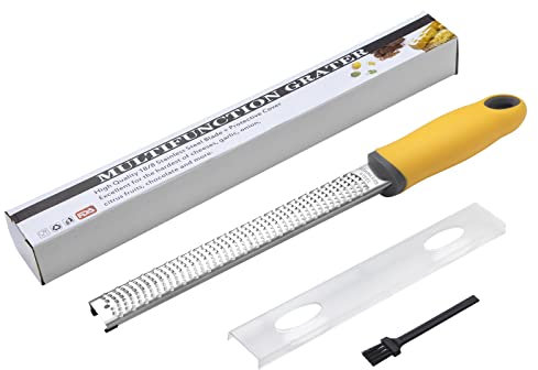 MoonSing Rallador de Queso, Limón Zester Rayador de Cocina con Cuchilla de Acero Inoxidable para Cítricos, Jengibre, Ajo, Verduras, Frutas, con Funda Protectora, Cepillo de Limpieza (Amarillo)