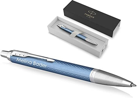 PARKER IM Premium Kugelschreiber Twist mit Gravur | Premium Stift | Geschenkbox | blaue Tinte | edel | personalisiertes Geschenk | Namen | graviert | Jahrestag (Blue Grey C.C.)