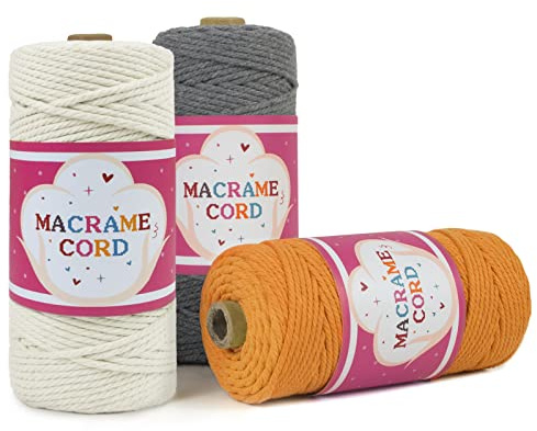 LEREATI 3 Rotoli Corda Macrame 3mm x 100m, Filo Macrame Natural Cotone Cordoncino 4 Strand Twisted Colorato Spago per Decorazioni, Arazzo da Parete, Borse a Uncinetto, Giardino Artigianato (B)