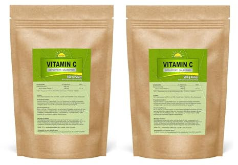 Vitamin C Pulver (gepuffert, säurefrei), 1kg (2x 500 g) im umweltfreundlichen Beutel aus Kraftpapier, Bonemis®