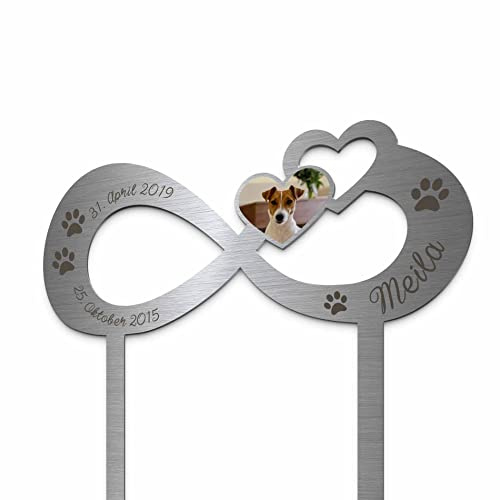 Edelstahl Grabstecker Hund Katze - Blumenstecker Infinity | Personalisierter Metall Grabschmuck wetterfest Tiere | Tiergrab Katzengrab Hundegrab Deko | Trauer Andenken (Personalisierbar)