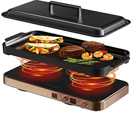 Portable Compact 2 Burner Induction Cooktop Electric Stove w/Smokeless Cast Iron Griddle Grill & Temperature Control & Child Lock, Rose Gold