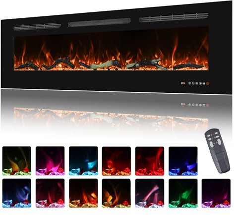 172cm Electric Fireplace Insert, Wall Mounted Fireplace Heater, 13 * 13 Flame Effects, Realistic Logs Ember Bed, Adjustable Thermostat & Timer, 1500W, Black(68)